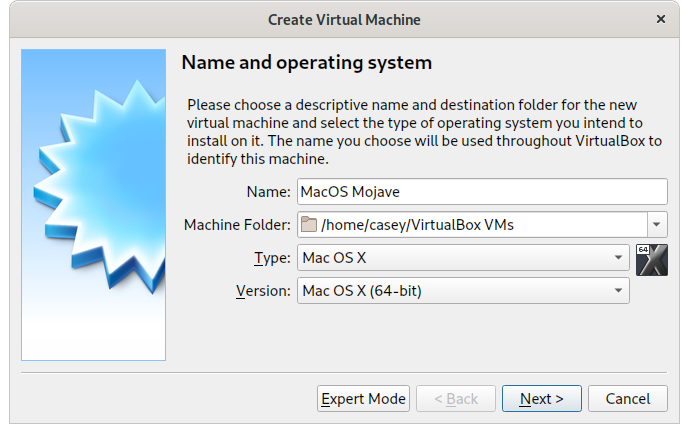 Screenshot of the 'Create Virtual Machine' dialog from Virtualbox. In the screenshot, 'name' is set to 'MacOS Mojave', 'Type' is set to 'Mac OS X' and 'Version' is set to 'Mac OS X (64-bit)'